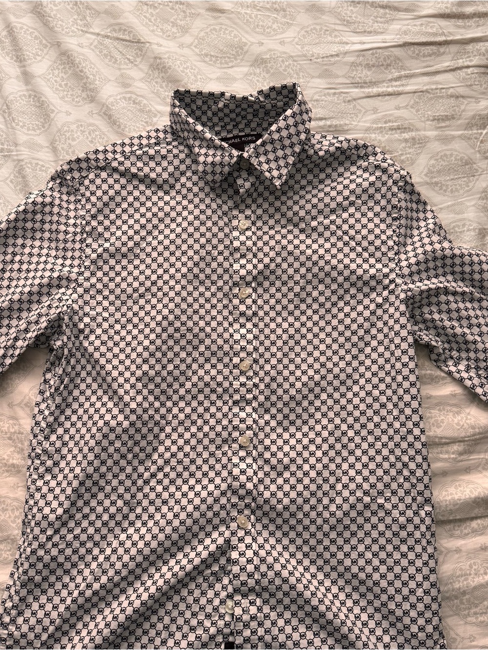 Michael Kors Men's White Dress Shirt with Navy Geo Print